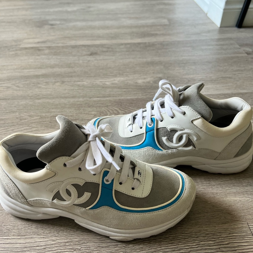 Chanel barely worn sneakers. White grey and blue colors.